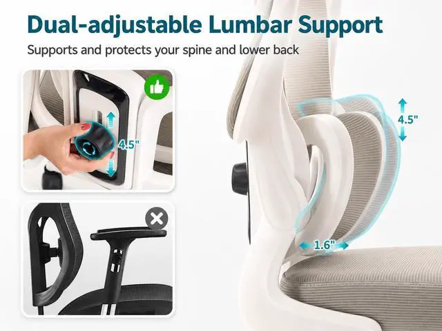 Alt view image 3 of 7 - Ergonomic Office Chair with Adjustable Headrest & Lumbar Support, High Back Mesh Desk Chair, 330 LBS Capacity Swivel Computer Chair with Flip-Up Arms, Home Office Gaming Chair(Grey)