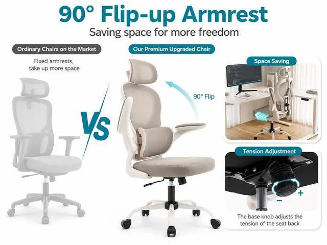 Alt view image 5 of 7 - Ergonomic Office Chair with Adjustable Headrest & Lumbar Support, High Back Mesh Desk Chair, 330 LBS Capacity Swivel Computer Chair with Flip-Up Arms, Home Office Gaming Chair(Grey)
