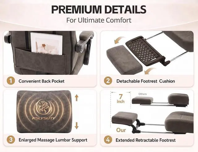 Alt view image 5 of 7 - Office Desk Computer Gaming Chair for Adults, Ergonomic High Back Gamer Chair with Massage and Pocket Spring Cushion, Swivel Comfy Video Game Chairs with Footrest and Lumbar Support (Pro Grey)