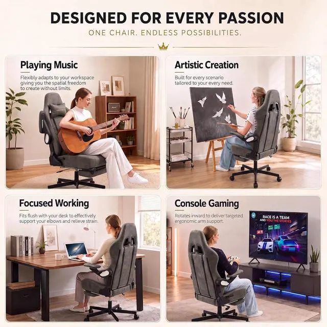 Alt view image 5 of 7 - Ergonomic Gaming Chair for Adults with Mechanical Arm Armrests, Big and Tall High Back Computer Desk Chair with Footrest & Lumbar Support, Comfortable PC Gamer Chair(Grey Leather)