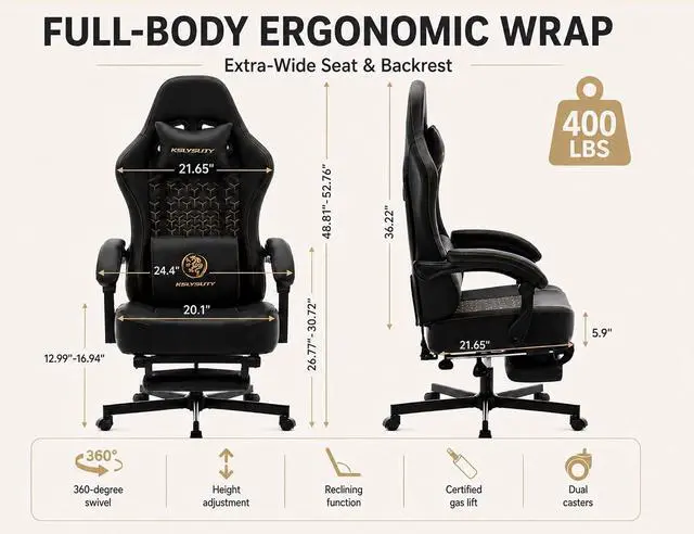 Alt view image 2 of 7 - Office Desk Computer Gaming Chair for Adults, Ergonomic High Back Gamer Chair with Massage and Pocket Spring Cushion, Swivel Comfy Video Game Chairs with Footrest and Lumbar Support (Pro Black)