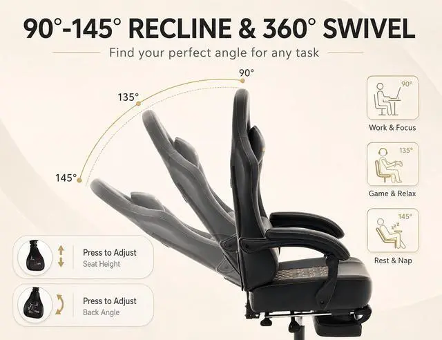 Alt view image 4 of 7 - Office Desk Computer Gaming Chair for Adults, Ergonomic High Back Gamer Chair with Massage and Pocket Spring Cushion, Swivel Comfy Video Game Chairs with Footrest and Lumbar Support (Pro Black)