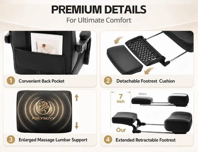 Alt view image 5 of 7 - Office Desk Computer Gaming Chair for Adults, Ergonomic High Back Gamer Chair with Massage and Pocket Spring Cushion, Swivel Comfy Video Game Chairs with Footrest and Lumbar Support (Pro Black)