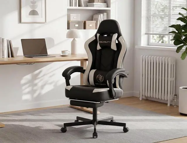 Alt view image 2 of 7 - Office Desk Computer Gaming Chair for Adults, Ergonomic High Back Gamer Chair with Massage and Pocket Spring Cushion, Swivel Comfy Video Game Chairs with Footrest and Lumbar Support (Black White)