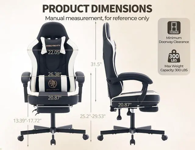 Alt view image 3 of 7 - Office Desk Computer Gaming Chair for Adults, Ergonomic High Back Gamer Chair with Massage and Pocket Spring Cushion, Swivel Comfy Video Game Chairs with Footrest and Lumbar Support (Black White)