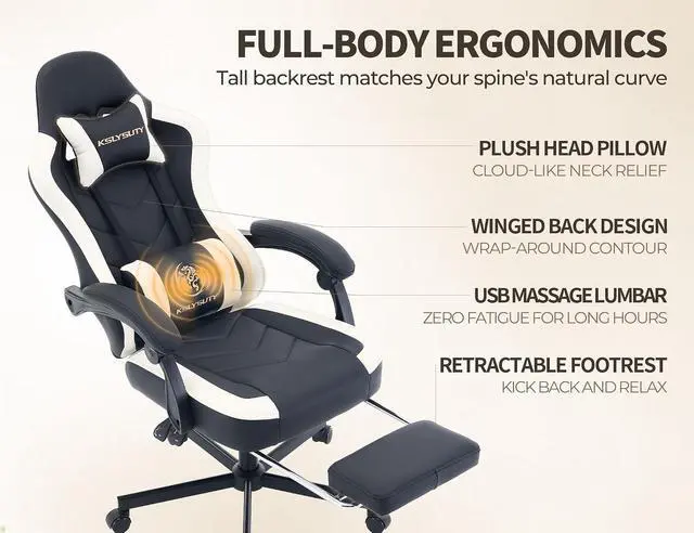 Alt view image 5 of 7 - Office Desk Computer Gaming Chair for Adults, Ergonomic High Back Gamer Chair with Massage and Pocket Spring Cushion, Swivel Comfy Video Game Chairs with Footrest and Lumbar Support (Black White)