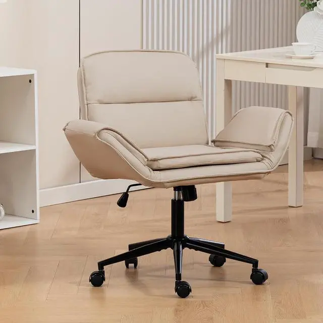 Main image of Criss Cross Chair with 5-Gear Adjustable Armrests & Wheels, Ergonomic Thickened Backrest Swivel Desk Chair for Home Office, Vanity, Bedroom and Living Room, Beige Pu