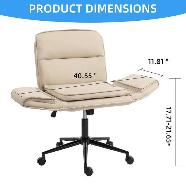 Alt view image 3 of 7 - Criss Cross Chair with 5-Gear Adjustable Armrests & Wheels, Ergonomic Thickened Backrest Swivel Desk Chair for Home Office, Vanity, Bedroom and Living Room, Beige Pu