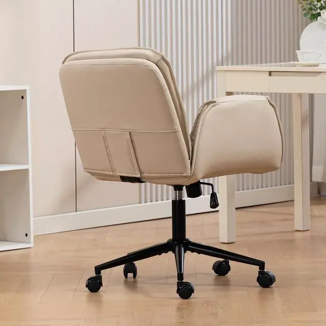 Alt view image 4 of 7 - Criss Cross Chair with 5-Gear Adjustable Armrests & Wheels, Ergonomic Thickened Backrest Swivel Desk Chair for Home Office, Vanity, Bedroom and Living Room, Beige Pu