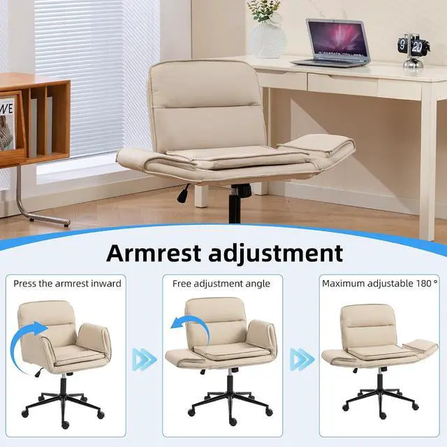 Alt view image 5 of 7 - Criss Cross Chair with 5-Gear Adjustable Armrests & Wheels, Ergonomic Thickened Backrest Swivel Desk Chair for Home Office, Vanity, Bedroom and Living Room, Beige Pu