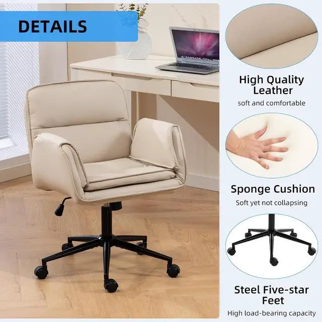Alt view image 6 of 7 - Criss Cross Chair with 5-Gear Adjustable Armrests & Wheels, Ergonomic Thickened Backrest Swivel Desk Chair for Home Office, Vanity, Bedroom and Living Room, Beige Pu