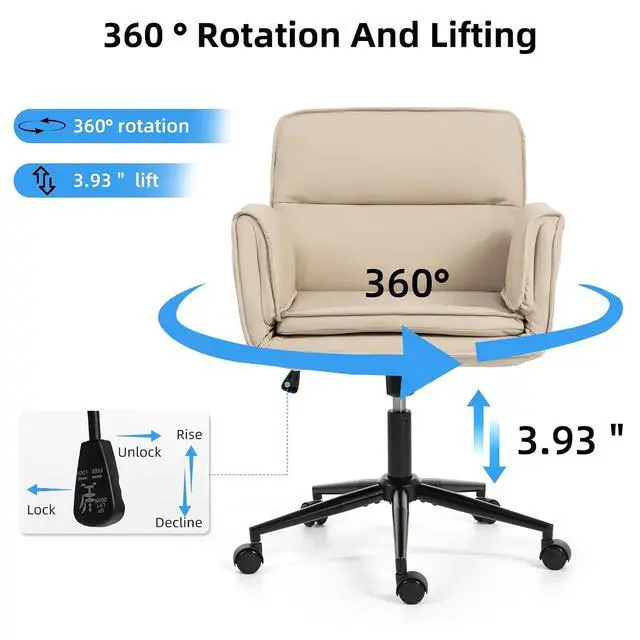 Alt view image 7 of 7 - Criss Cross Chair with 5-Gear Adjustable Armrests & Wheels, Ergonomic Thickened Backrest Swivel Desk Chair for Home Office, Vanity, Bedroom and Living Room, Beige Pu