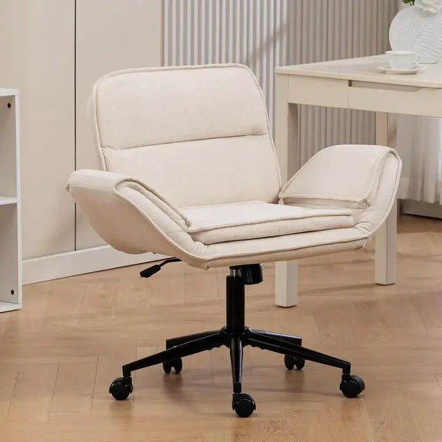 Main image of Criss Cross Chair with 5-Gear Adjustable Armrests & Wheels, Ergonomic Thickened Backrest Swivel Desk Chair for Home Office, Vanity, Bedroom and Living Room, Beige Cloth