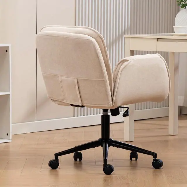 Alt view image 4 of 7 - Criss Cross Chair with 5-Gear Adjustable Armrests & Wheels, Ergonomic Thickened Backrest Swivel Desk Chair for Home Office, Vanity, Bedroom and Living Room, Beige Cloth