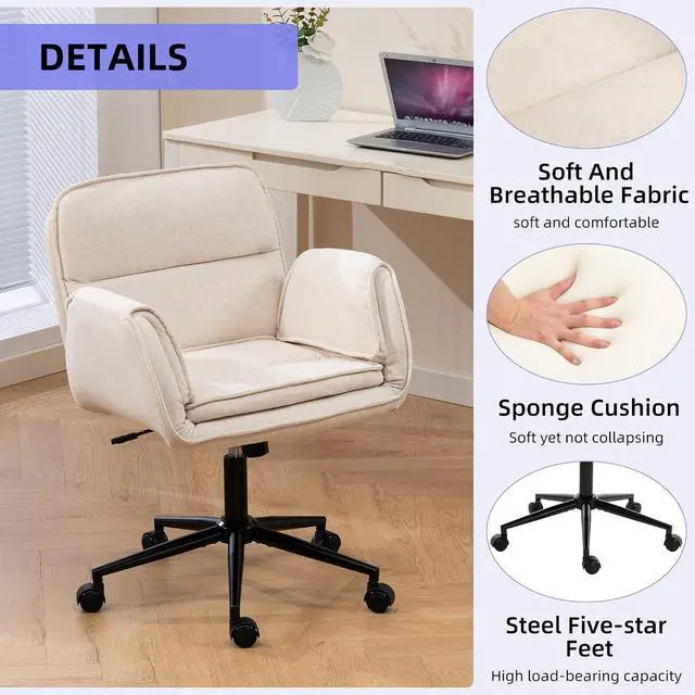 Alt view image 6 of 7 - Criss Cross Chair with 5-Gear Adjustable Armrests & Wheels, Ergonomic Thickened Backrest Swivel Desk Chair for Home Office, Vanity, Bedroom and Living Room, Beige Cloth