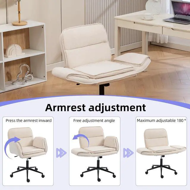 Alt view image 5 of 7 - Criss Cross Chair with 5-Gear Adjustable Armrests & Wheels, Ergonomic Thickened Backrest Swivel Desk Chair for Home Office, Vanity, Bedroom and Living Room, Beige Cloth
