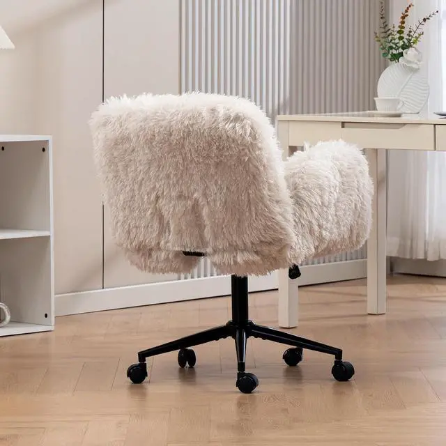 Alt view image 4 of 7 - Criss Cross Chair with 5-Gear Adjustable Armrests & Wheels, Ergonomic Thickened Backrest Swivel Desk Chair for Home Office, Vanity, Bedroom and Living Room, Beige Lamb Wool