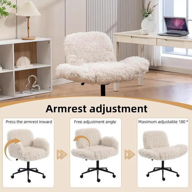 Alt view image 5 of 7 - Criss Cross Chair with 5-Gear Adjustable Armrests & Wheels, Ergonomic Thickened Backrest Swivel Desk Chair for Home Office, Vanity, Bedroom and Living Room, Beige Lamb Wool