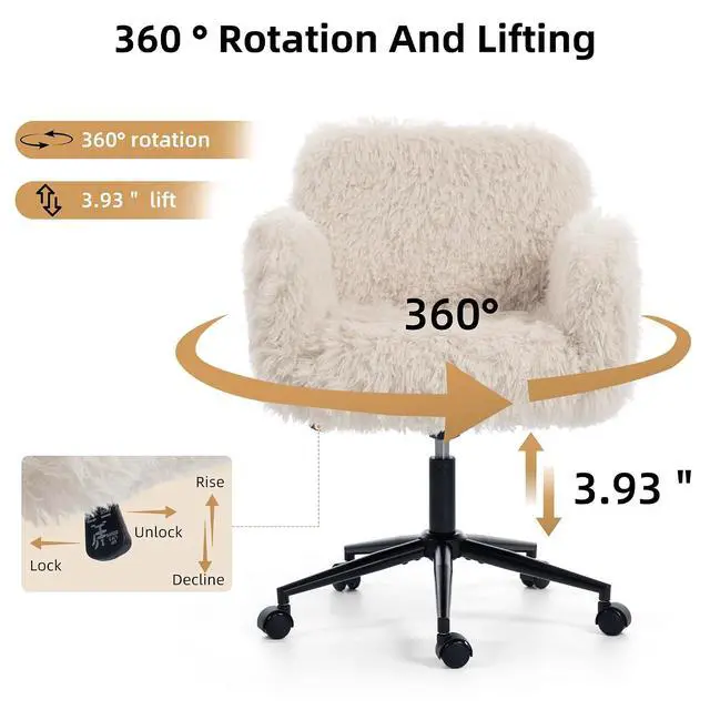 Alt view image 7 of 7 - Criss Cross Chair with 5-Gear Adjustable Armrests & Wheels, Ergonomic Thickened Backrest Swivel Desk Chair for Home Office, Vanity, Bedroom and Living Room, Beige Lamb Wool