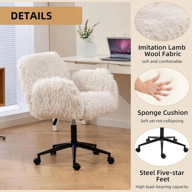 Alt view image 6 of 7 - Criss Cross Chair with 5-Gear Adjustable Armrests & Wheels, Ergonomic Thickened Backrest Swivel Desk Chair for Home Office, Vanity, Bedroom and Living Room, Beige Lamb Wool