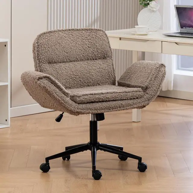 Main image of Criss Cross Chair with 5-Gear Adjustable Armrests & Wheels, Ergonomic Thickened Backrest Swivel Desk Chair for Home Office, Vanity, Bedroom and Living Room, Brown Teddy Fleece