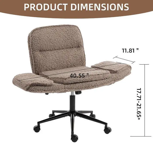 Alt view image 3 of 7 - Criss Cross Chair with 5-Gear Adjustable Armrests & Wheels, Ergonomic Thickened Backrest Swivel Desk Chair for Home Office, Vanity, Bedroom and Living Room, Brown Teddy Fleece