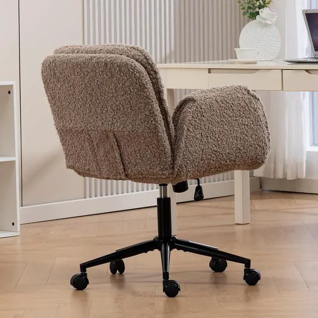 Alt view image 4 of 7 - Criss Cross Chair with 5-Gear Adjustable Armrests & Wheels, Ergonomic Thickened Backrest Swivel Desk Chair for Home Office, Vanity, Bedroom and Living Room, Brown Teddy Fleece
