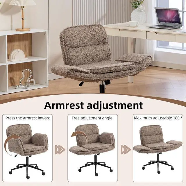 Alt view image 5 of 7 - Criss Cross Chair with 5-Gear Adjustable Armrests & Wheels, Ergonomic Thickened Backrest Swivel Desk Chair for Home Office, Vanity, Bedroom and Living Room, Brown Teddy Fleece