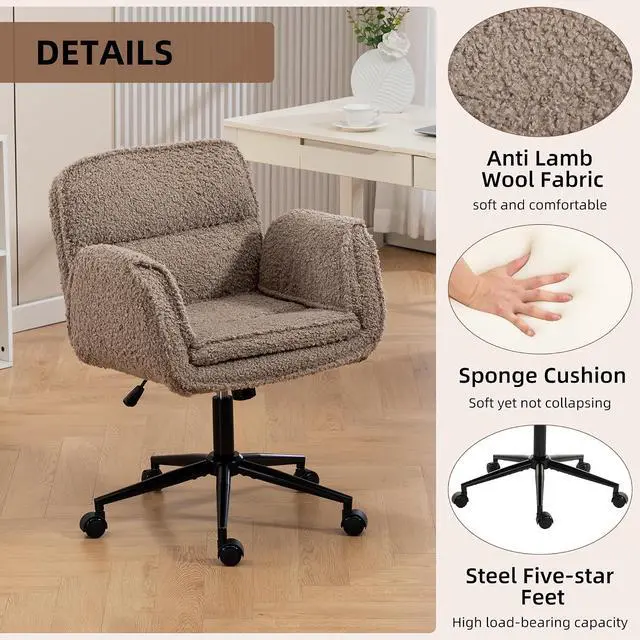 Alt view image 6 of 7 - Criss Cross Chair with 5-Gear Adjustable Armrests & Wheels, Ergonomic Thickened Backrest Swivel Desk Chair for Home Office, Vanity, Bedroom and Living Room, Brown Teddy Fleece