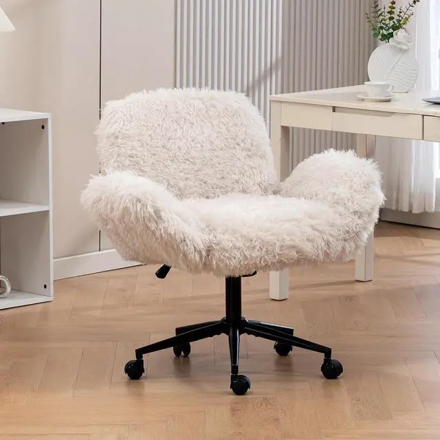 Main image of Criss Cross Chair with 5-Gear Adjustable Armrests & Wheels, Ergonomic Thickened Backrest Swivel Desk Chair for Home Office, Vanity, Bedroom and Living Room, Beige Lamb Wool