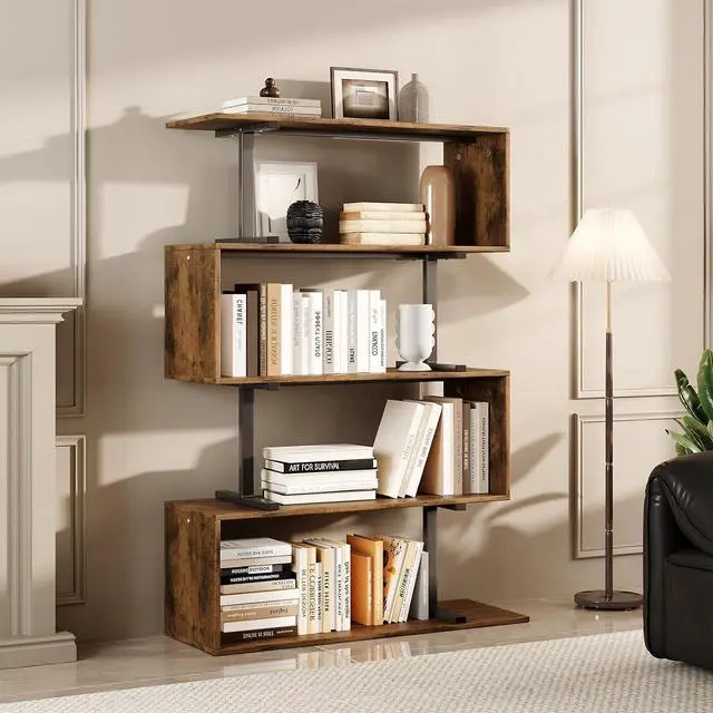 Main image of 5-Tier Brown Geometric Bookshelf, S Shaped Bookcase,Wood Decorative Storage Shelving,Modern Freestanding Display Shelves for Office,Bedroom,Living Room, 31.5" W x 58.3" H