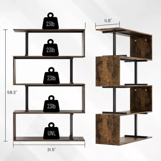 Alt view image 2 of 7 - 5-Tier Brown Geometric Bookshelf, S Shaped Bookcase,Wood Decorative Storage Shelving,Modern Freestanding Display Shelves for Office,Bedroom,Living Room, 31.5" W x 58.3" H