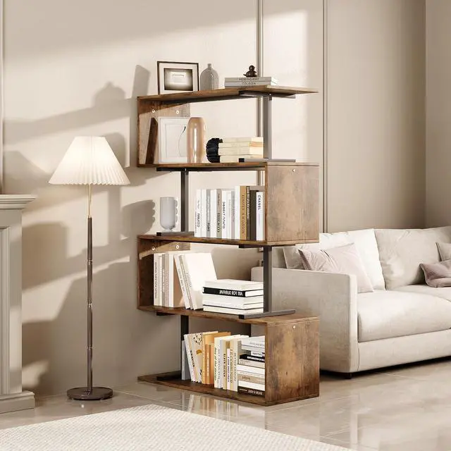 Alt view image 3 of 7 - 5-Tier Brown Geometric Bookshelf, S Shaped Bookcase,Wood Decorative Storage Shelving,Modern Freestanding Display Shelves for Office,Bedroom,Living Room, 31.5" W x 58.3" H