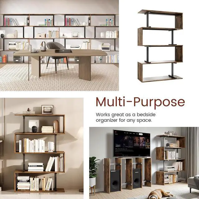 Alt view image 5 of 7 - 5-Tier Brown Geometric Bookshelf, S Shaped Bookcase,Wood Decorative Storage Shelving,Modern Freestanding Display Shelves for Office,Bedroom,Living Room, 31.5" W x 58.3" H