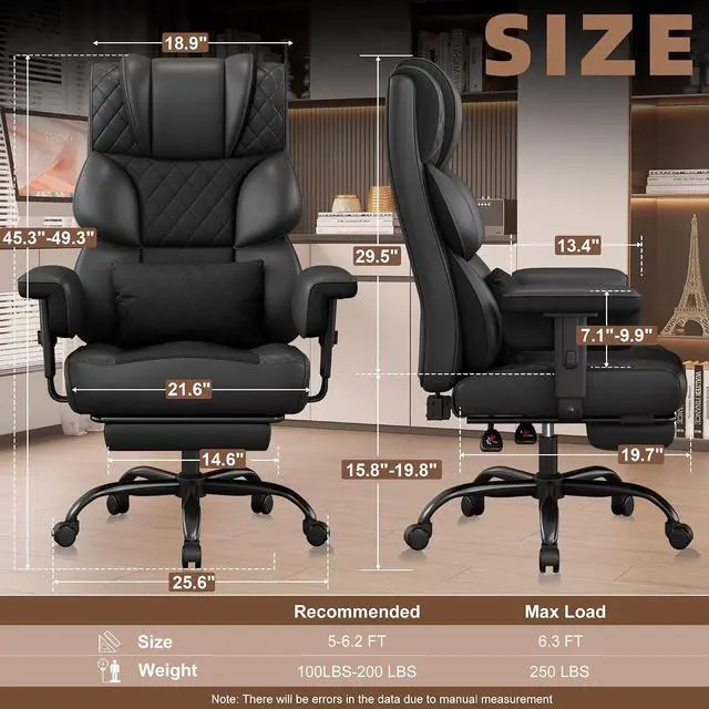 Alt view image 2 of 7 - Big and Tall Office Chair, Desk Chair with Soft Adjustable Armrests, Ergonomic High Back Gaming Chair with Lumbar Support, Executive Computer Chairs with Footrest (PU Leather, Black)