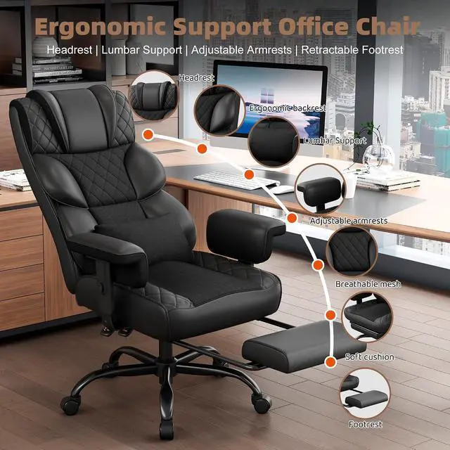 Alt view image 3 of 7 - Big and Tall Office Chair, Desk Chair with Soft Adjustable Armrests, Ergonomic High Back Gaming Chair with Lumbar Support, Executive Computer Chairs with Footrest (PU Leather, Black)