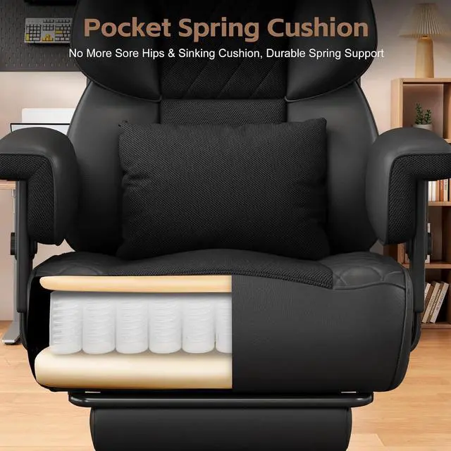Alt view image 7 of 7 - Big and Tall Office Chair, Desk Chair with Soft Adjustable Armrests, Ergonomic High Back Gaming Chair with Lumbar Support, Executive Computer Chairs with Footrest (PU Leather, Black)