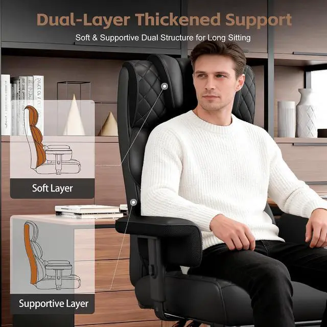 Alt view image 5 of 7 - Big and Tall Office Chair, Desk Chair with Soft Adjustable Armrests, Ergonomic High Back Gaming Chair with Lumbar Support, Executive Computer Chairs with Footrest (PU Leather, Black)