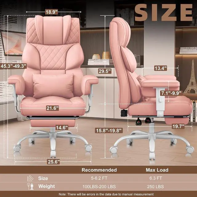 Alt view image 2 of 7 - Big and Tall Office Chair, Desk Chair with Soft Adjustable Armrests, Ergonomic High Back Gaming Chair with Lumbar Support, Executive Computer Chairs with Footrest (PU Leather, Pink)