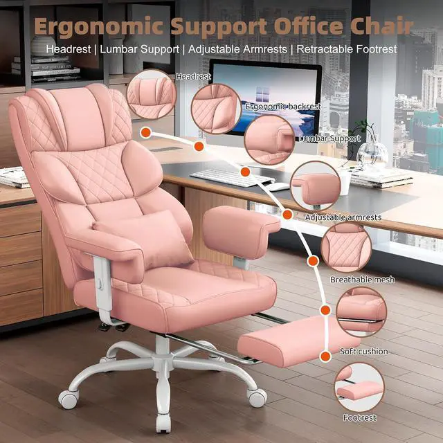 Alt view image 3 of 7 - Big and Tall Office Chair, Desk Chair with Soft Adjustable Armrests, Ergonomic High Back Gaming Chair with Lumbar Support, Executive Computer Chairs with Footrest (PU Leather, Pink)