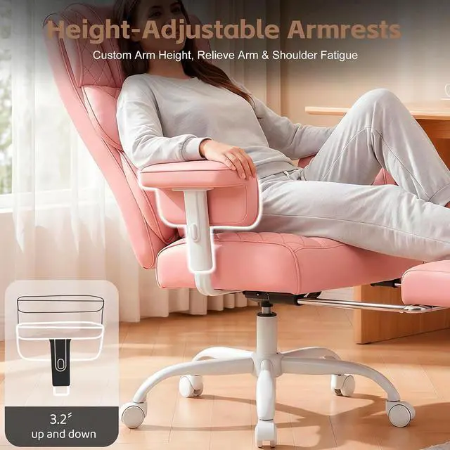 Alt view image 4 of 7 - Big and Tall Office Chair, Desk Chair with Soft Adjustable Armrests, Ergonomic High Back Gaming Chair with Lumbar Support, Executive Computer Chairs with Footrest (PU Leather, Pink)