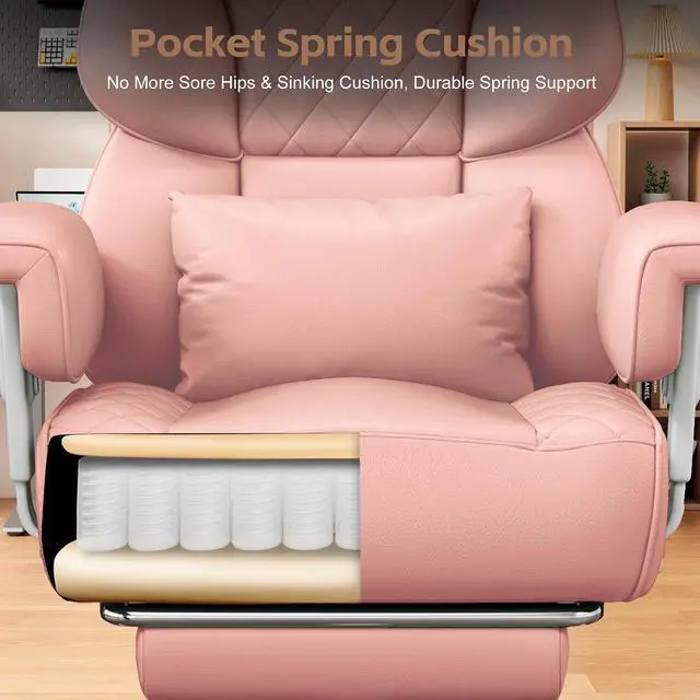 Alt view image 6 of 7 - Big and Tall Office Chair, Desk Chair with Soft Adjustable Armrests, Ergonomic High Back Gaming Chair with Lumbar Support, Executive Computer Chairs with Footrest (PU Leather, Pink)