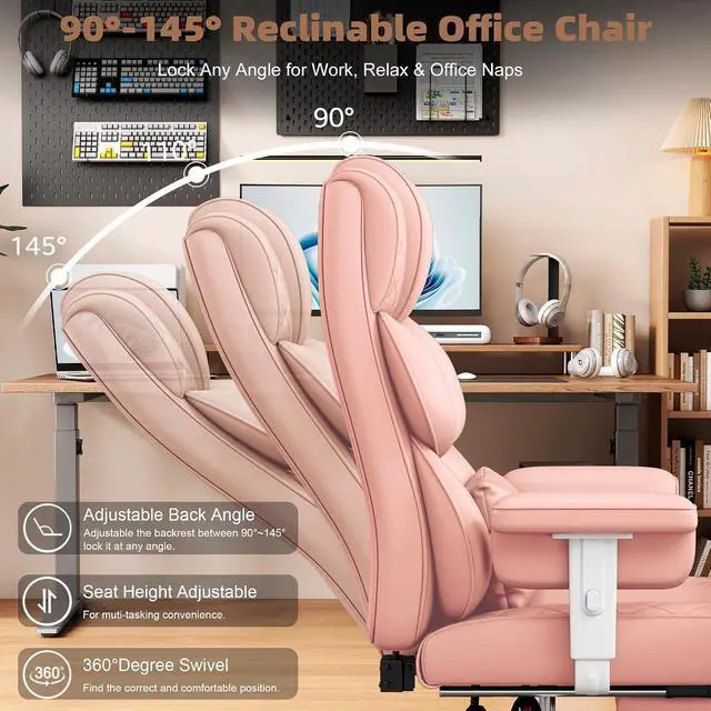 Alt view image 7 of 7 - Big and Tall Office Chair, Desk Chair with Soft Adjustable Armrests, Ergonomic High Back Gaming Chair with Lumbar Support, Executive Computer Chairs with Footrest (PU Leather, Pink)
