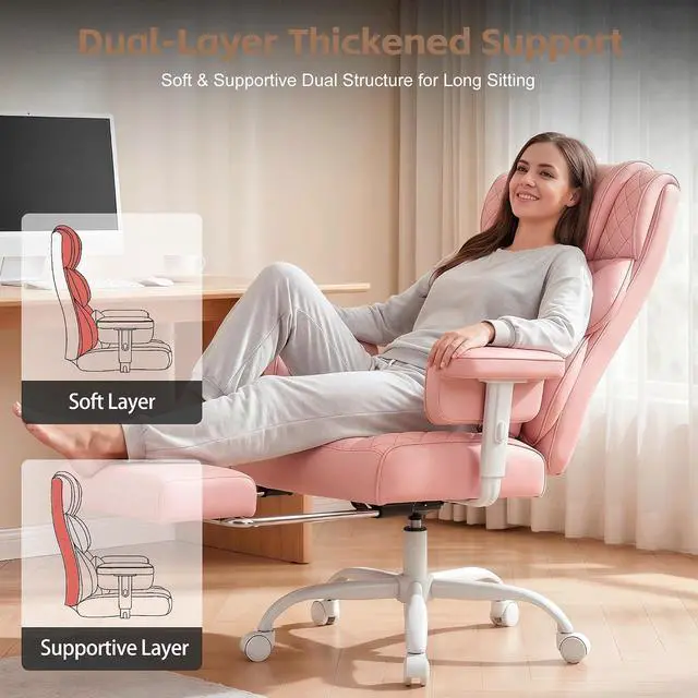 Alt view image 5 of 7 - Big and Tall Office Chair, Desk Chair with Soft Adjustable Armrests, Ergonomic High Back Gaming Chair with Lumbar Support, Executive Computer Chairs with Footrest (PU Leather, Pink)