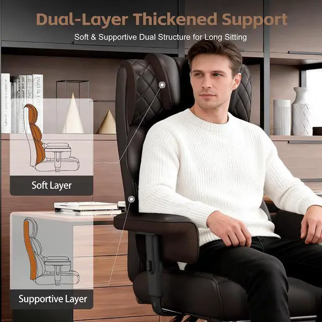 Alt view image 5 of 7 - Big and Tall Office Chair, Desk Chair with Soft Adjustable Armrests, Ergonomic High Back Gaming Chair with Lumbar Support, Executive Computer Chairs with Footrest (PU Leather, Brown)
