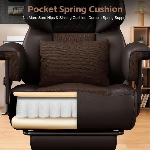 Alt view image 7 of 7 - Big and Tall Office Chair, Desk Chair with Soft Adjustable Armrests, Ergonomic High Back Gaming Chair with Lumbar Support, Executive Computer Chairs with Footrest (PU Leather, Brown)