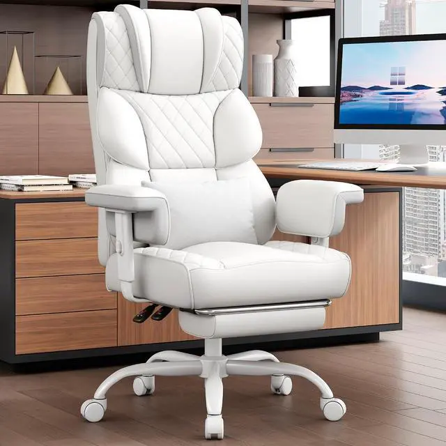 Main image of Big and Tall Office Chair, Desk Chair with Soft Adjustable Armrests, Ergonomic High Back Gaming Chair with Lumbar Support, Executive Computer Chairs with Footrest (PU Leather,White)