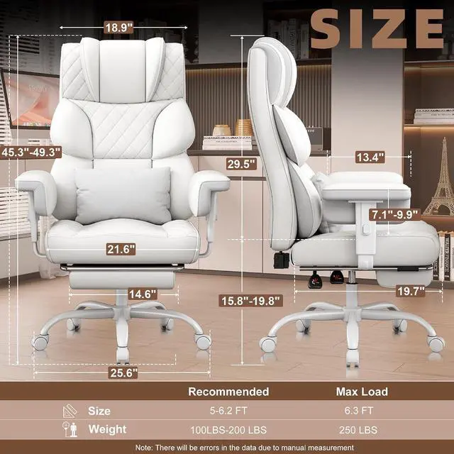 Alt view image 2 of 7 - Big and Tall Office Chair, Desk Chair with Soft Adjustable Armrests, Ergonomic High Back Gaming Chair with Lumbar Support, Executive Computer Chairs with Footrest (PU Leather,White)