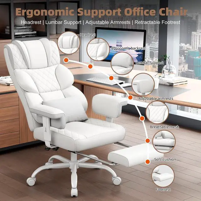 Alt view image 3 of 7 - Big and Tall Office Chair, Desk Chair with Soft Adjustable Armrests, Ergonomic High Back Gaming Chair with Lumbar Support, Executive Computer Chairs with Footrest (PU Leather,White)