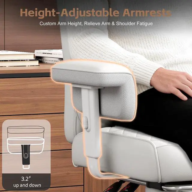 Alt view image 4 of 7 - Big and Tall Office Chair, Desk Chair with Soft Adjustable Armrests, Ergonomic High Back Gaming Chair with Lumbar Support, Executive Computer Chairs with Footrest (PU Leather,White)